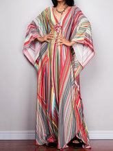 Printed Split-Joint Striped Batwing Sleeves Loose V-Neck Maxi Dresses
