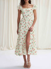 Buttoned Elasticity Flower Print Pleated High Waisted Loose Square-neck Midi Dresses