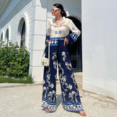 Ethnic Color Block Blue Shirt and Pants Set