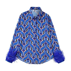 Flaxmaker Fashion Printed Feather Shirt Blue Two Piece Pants Set