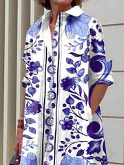 Long Sleeves Floral Printed Lapel Midi Dresses