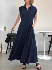 Pleated Solid Color Loose Raglan Sleeve Lapel Maxi Dresses