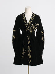 Embroidered Tied Waist Loose Puff Sleeves V-Neck Mini Dresses