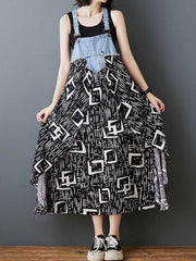 Flower Print Pockets Split-Joint Loose Plus Size Spaghetti-Neck Suspender Dress Maxi Dresses