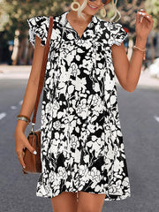 Printed Split-Joint Tied A-Line Ruffle Sleeves V-Neck Mini Dresses