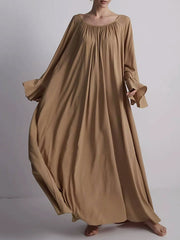 Pleated Solid Color Split-Joint Flared Sleeves Loose Round-Neck Maxi Dresses