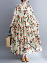 Floral Printed Loose Short Sleeves Round-neck Midi Dresses