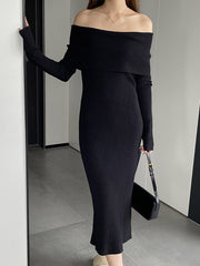 Solid Color Bodycon Long Sleeves Off-The-Shoulder Midi Dresses