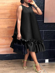 A-Line High Waisted Pleated Ruffle Trim Solid Color Round-Neck Midi Dresses