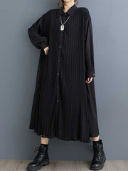 Buttoned Pleated Pockets Split-Joint A-Line Long Sleeves Lapel Shirt Dress Midi Dresses