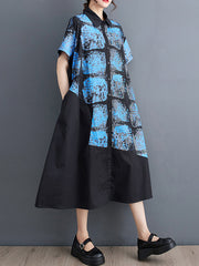 Abstract Printed Loose Short Sleeves Lapel Shirt Dress Midi Dresses