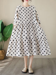 Polka Dot Split-Joint Half Sleeves Loose Midi Dresses