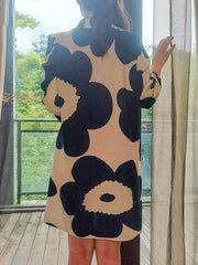 Flower Print Pleated Long Sleeves Loose Mock Neck Mini Dresses