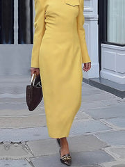 Long Sleeves Loose Solid Color Split-Joint Lapel Maxi Dresses