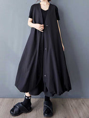 Buttoned Pleated Pockets Solid Color A-Line Loose V-Neck Vest Outerwear Midi Dresses