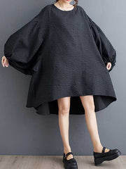 Elasticity Solid Color Split-Joint High-Low Long Sleeves Round-Neck Midi Dresses