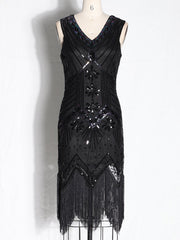 Evening H-Line Beads Sequined Tasseled Midi Dresses