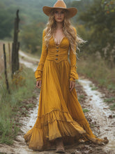 Solid Color Ruffled Long Sleeves Pleated Maxi Dresses