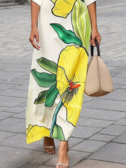 Floral Printed Split-Joint Batwing Sleeves Loose V-neck Maxi Dresses