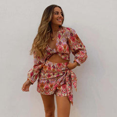 Flaxmaker Holiday Style V Neck Long-sleeved Shirt and Shorts