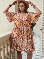 Vacation Flared Sleeves Loose Floral Printed V-Neck Mini Dress
