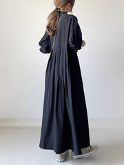 Pleated Solid Color Split-Joint Long Sleeves Loose Round-Neck Shirt Dress Maxi Dresses