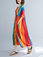 Striped Printed Loose A-Line Round-Neck Dress