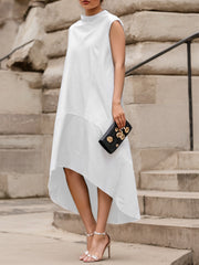 A-line High-low Solid Color Split-Joint Zipper Round-neck Maxi Dresses