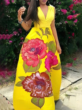 Flower Print Split-Joint A-Line Sleeveless V-Neck Maxi Dresses