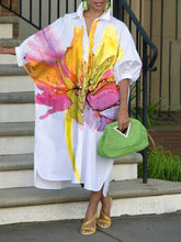 Buttoned Contrast Color Flower Print Half Sleeves Loose Lapel Shirt Dress Midi Dresses