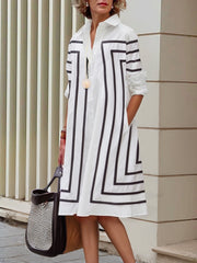 Buttoned Striped Half Sleeves Loose Lapel Shirt Dress Midi Dresses