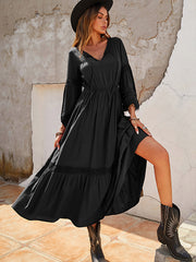 Vacation Long Sleeves Solid Color V-Neck Midi Dress
