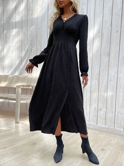 Buttoned Elasticity Solid Color Split-Side A-Line Long Sleeves V-Neck Midi Dresses