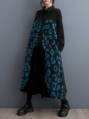 Buttoned Pleated Printed Split-Joint Long Sleeves Loose Lapel Midi Dresses