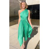 One Shoulder Irresistible Desire Satin Ruffle Midi Dress