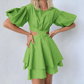 Puff Sleeve Cutout Solid Color Dress