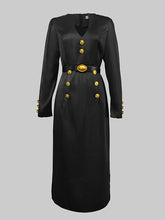 Long Sleeves Puff Sleeves Buttoned Solid Color Deep V-Neck Midi Dresses