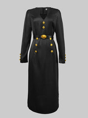 Long Sleeves Puff Sleeves Buttoned Solid Color Deep V-Neck Midi Dresses