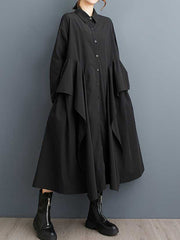 Buttoned Pockets Ruffle Trim Solid Color A-Line Long Sleeves Lapel Midi Dresses