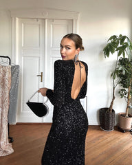 Sequin Backless Long-sleeved Party Dress