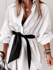 Buttoned Elasticity Tied Waist Long Sleeves Loose Lapel Shirt Dress Mini Dresses