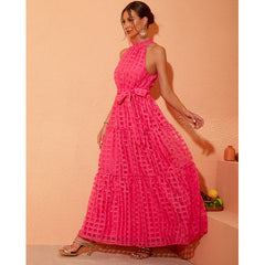 Off Shoulder Plaid Printed Halter Maxi Dress Flaxmaker