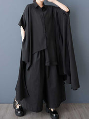 Asymmetric Buttoned Pockets Solid Color A-Line Half Sleeves Lapel Shirt Dress Midi Dresses