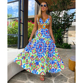 Retro Printed Blue Cut Out Maxi Dress