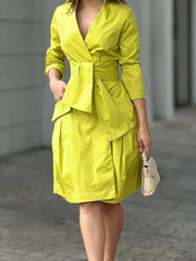 Long Sleeves Solid Color Tied Waist Deep V-Neck Mini Dresses