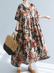Floral Printed Loose Puff Sleeves Round-Neck Midi Dresses