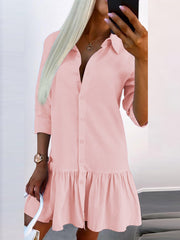 Buttoned Pleated Solid Color Split-Joint Long Sleeves Loose Lapel Shirt Dress Mini Dresses