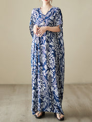 Printed Loose Short Sleeves V-Neck Maxi Dresses