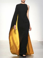 Irregularity Asymmetric Contrast Color Round-Neck Maxi Dresses