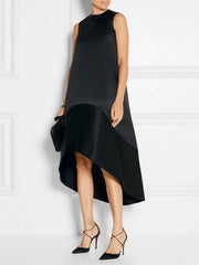 Solid Color Split-Joint High-Low Loose Round-Neck Midi Dresses